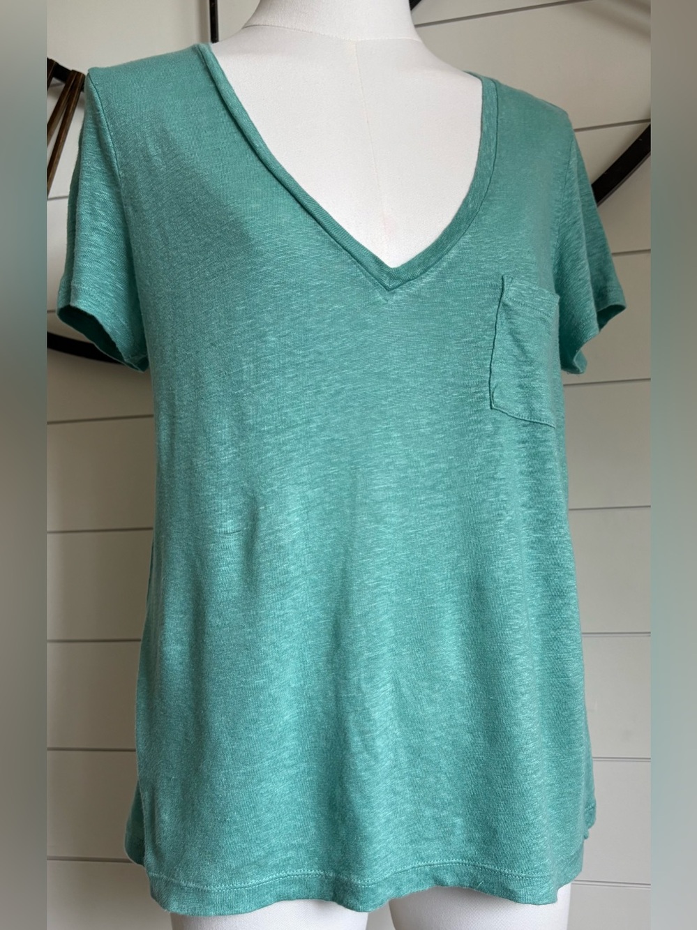J. Crew Linen “Island Turquoise” V-Neck Pocket Tee - Relaxed Boyfriend-Style Fit - Picture 4 of 8